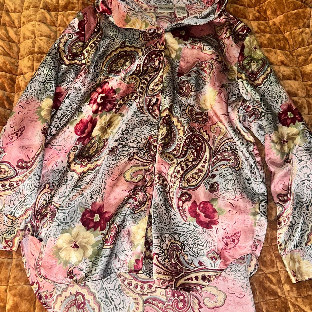 delicates Pink and Burgundy Paisley Floral Long-Sleeve Blouse